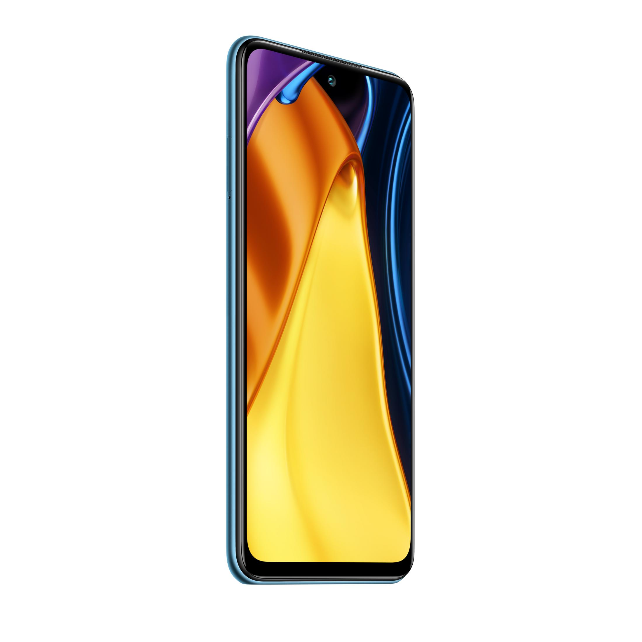 Ein hellblaues Smartphone mit einem lebendigen, gelben und orangen Hintergrund.
