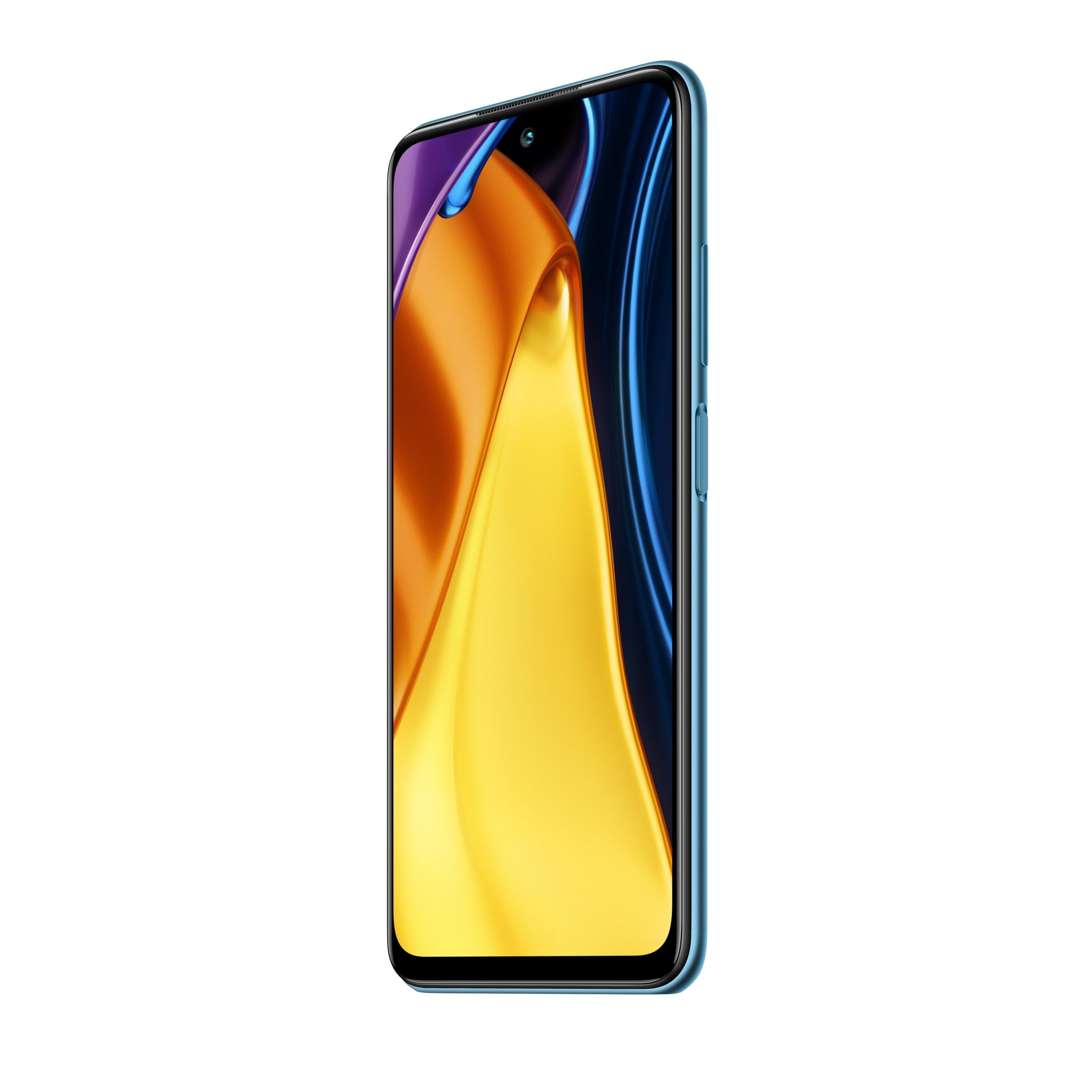 Ein blaues Smartphone mit einem abstrakten, gelben und violetten Hintergrund auf dem Bildschirm.