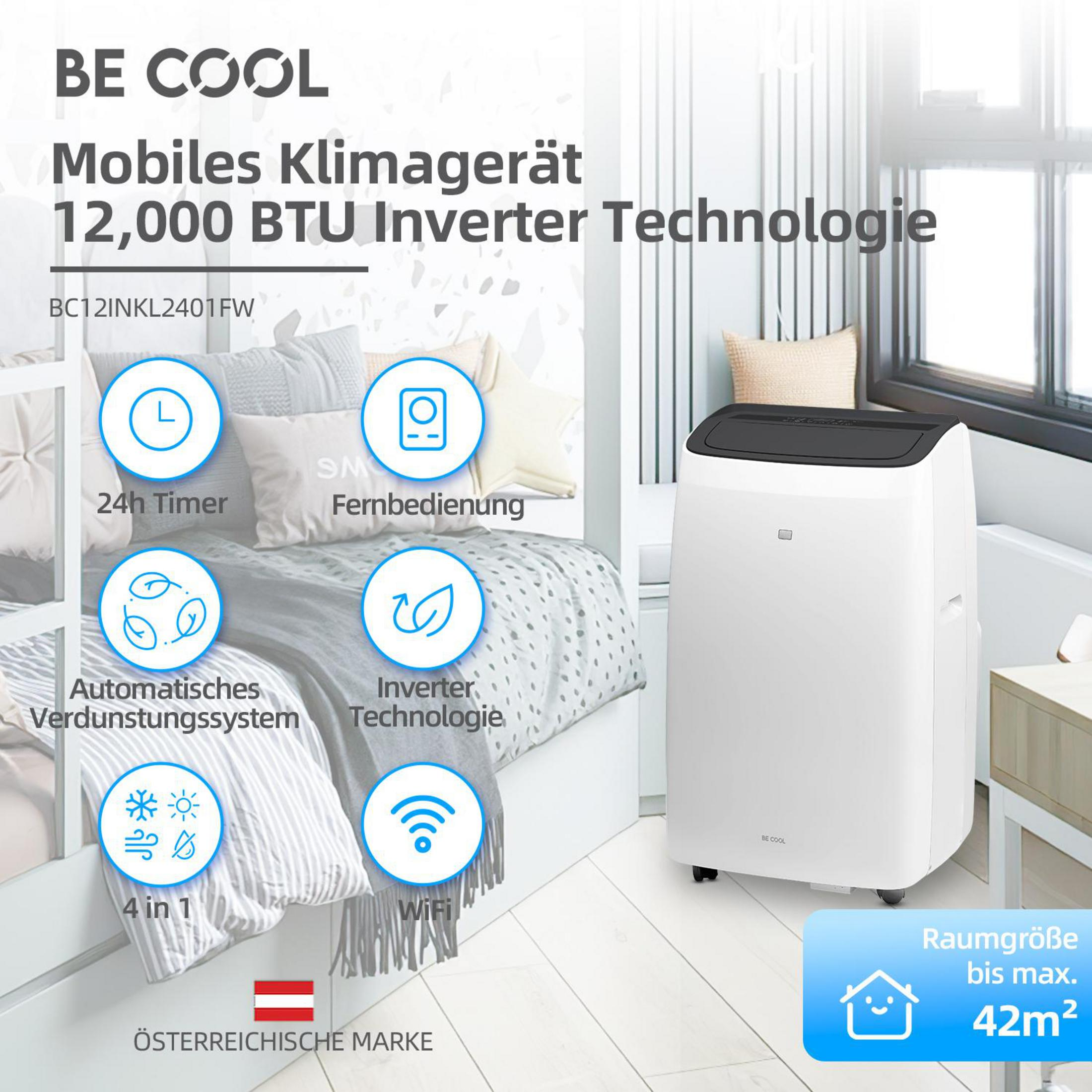 Ein weißes mobiles Klimagerät von BE COOL mit Fernbedienung und 4-in-1-Funktionen.
