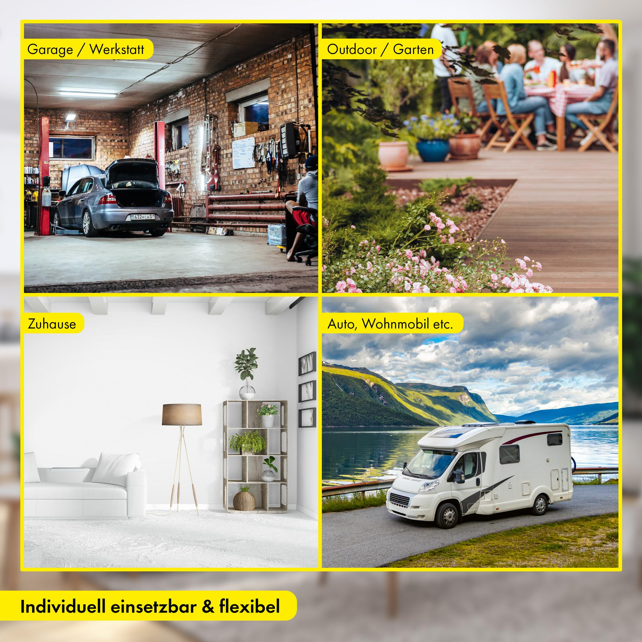 Cuatro imágenes: taller con coche, fiesta en jardín, sala y autocaravana en fiordo.