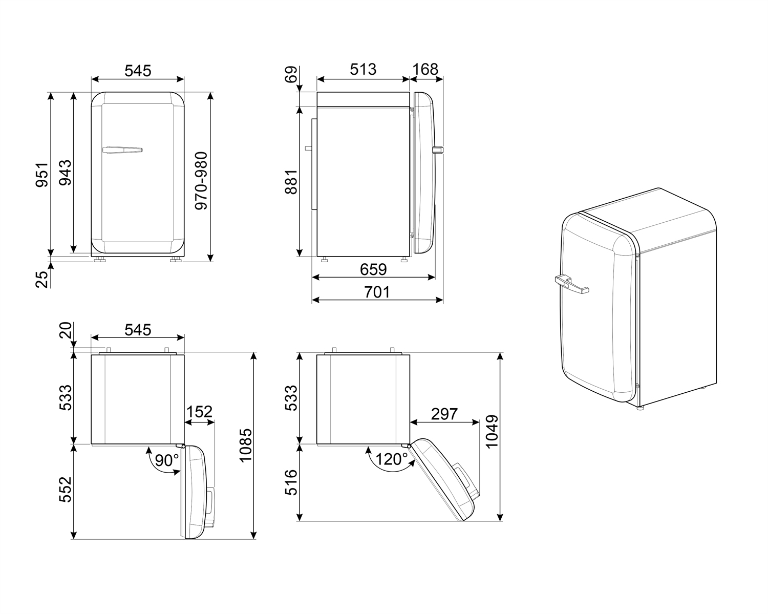 Disegni tecnici di un frigorifero in stile retrò con dimensioni.