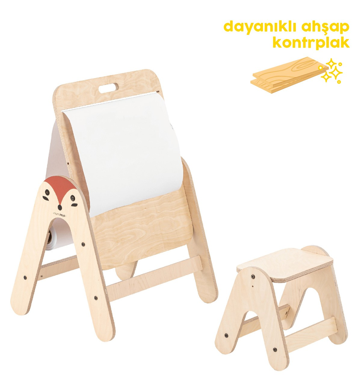 Kağıt rulosu ve taburesi olan ahşap şövale, tilki yüzü detayı.