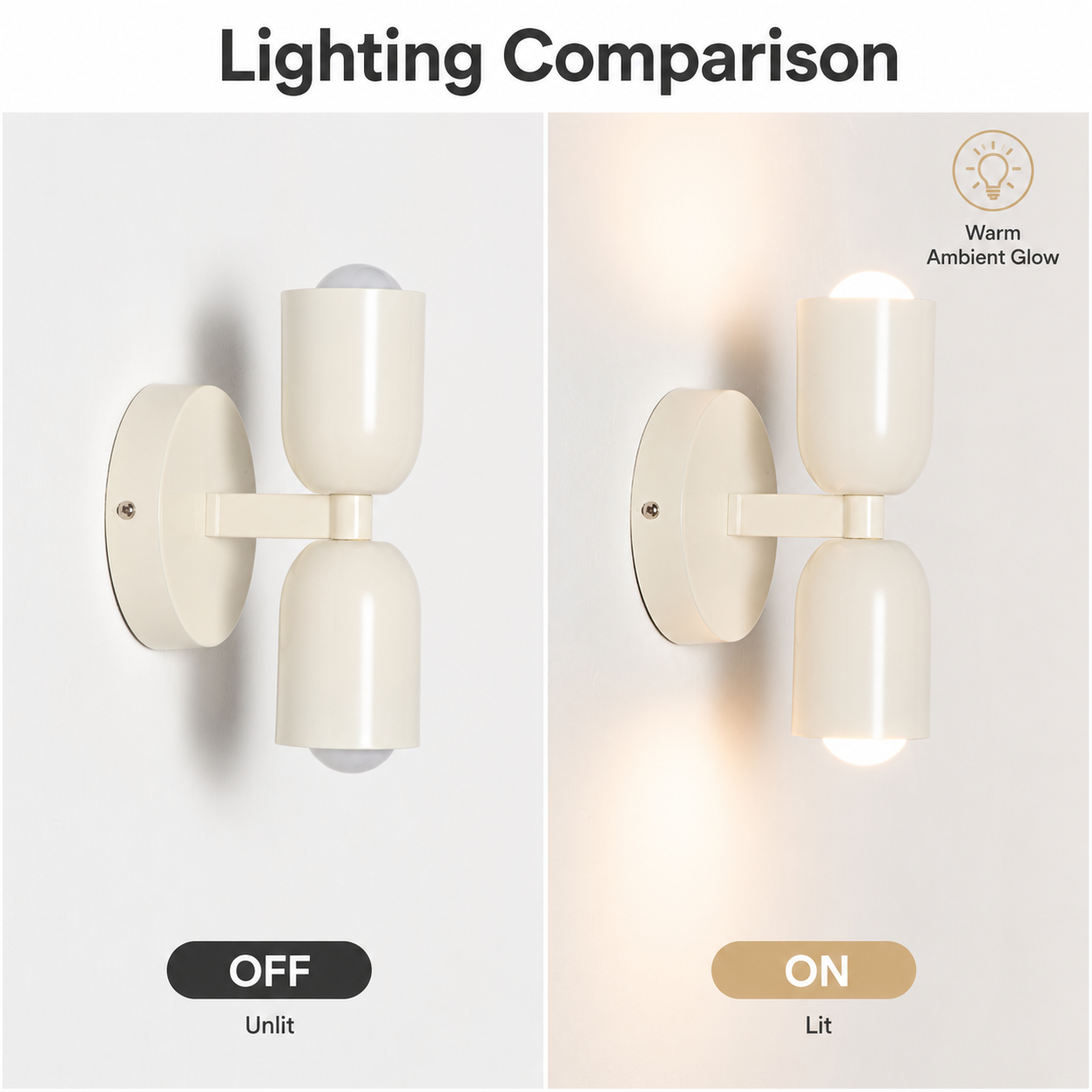 Comparación de una lámpara de pared color crema, apagada a la izquierda, encendida a la derecha.
