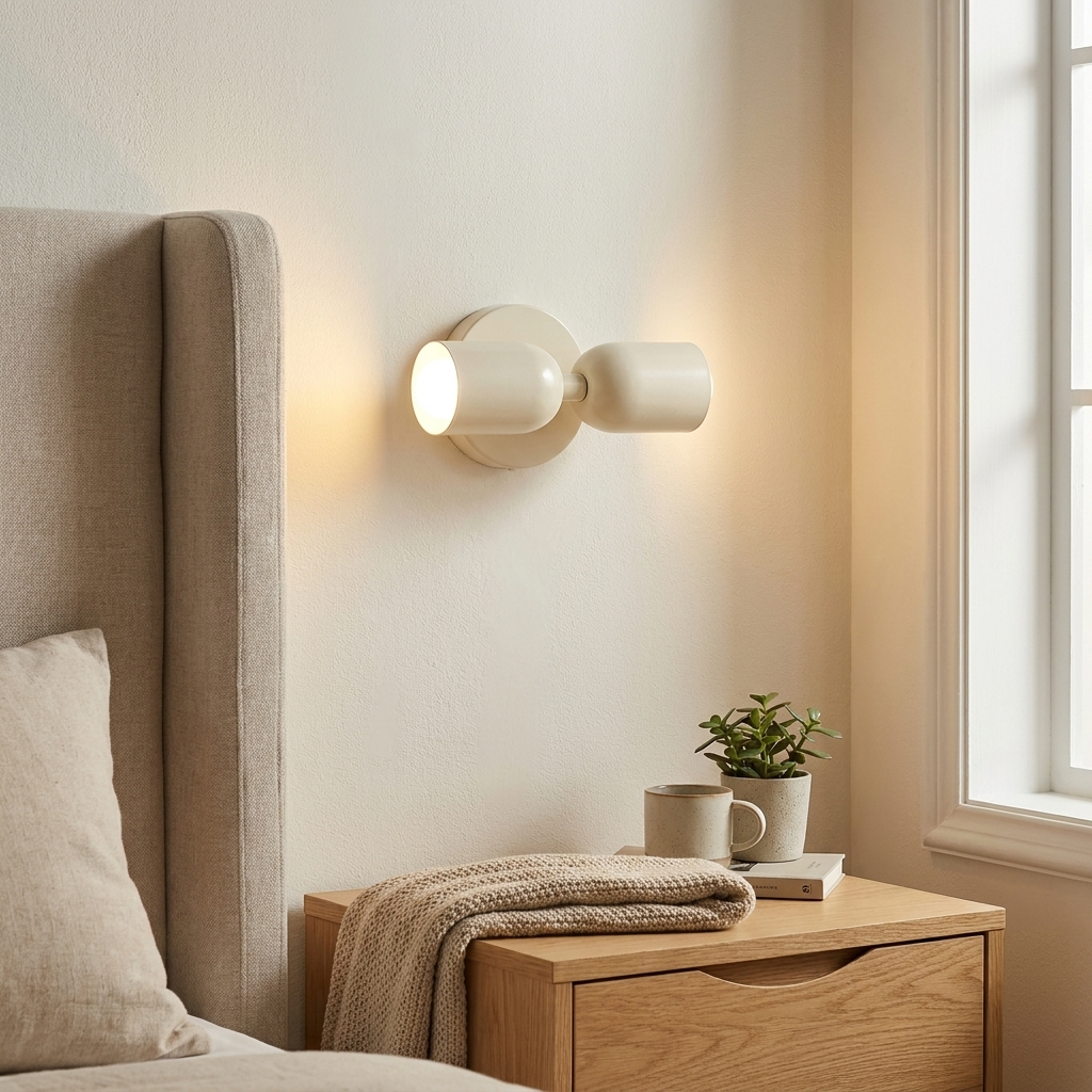 Un aplique de pared color crema sobre una mesita de noche con manta, taza y planta.