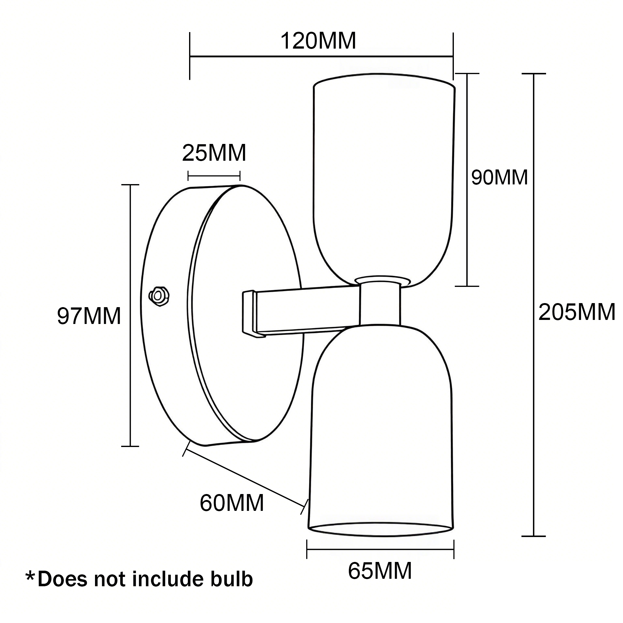 Dibujo técnico de una lámpara de pared con dimensiones.