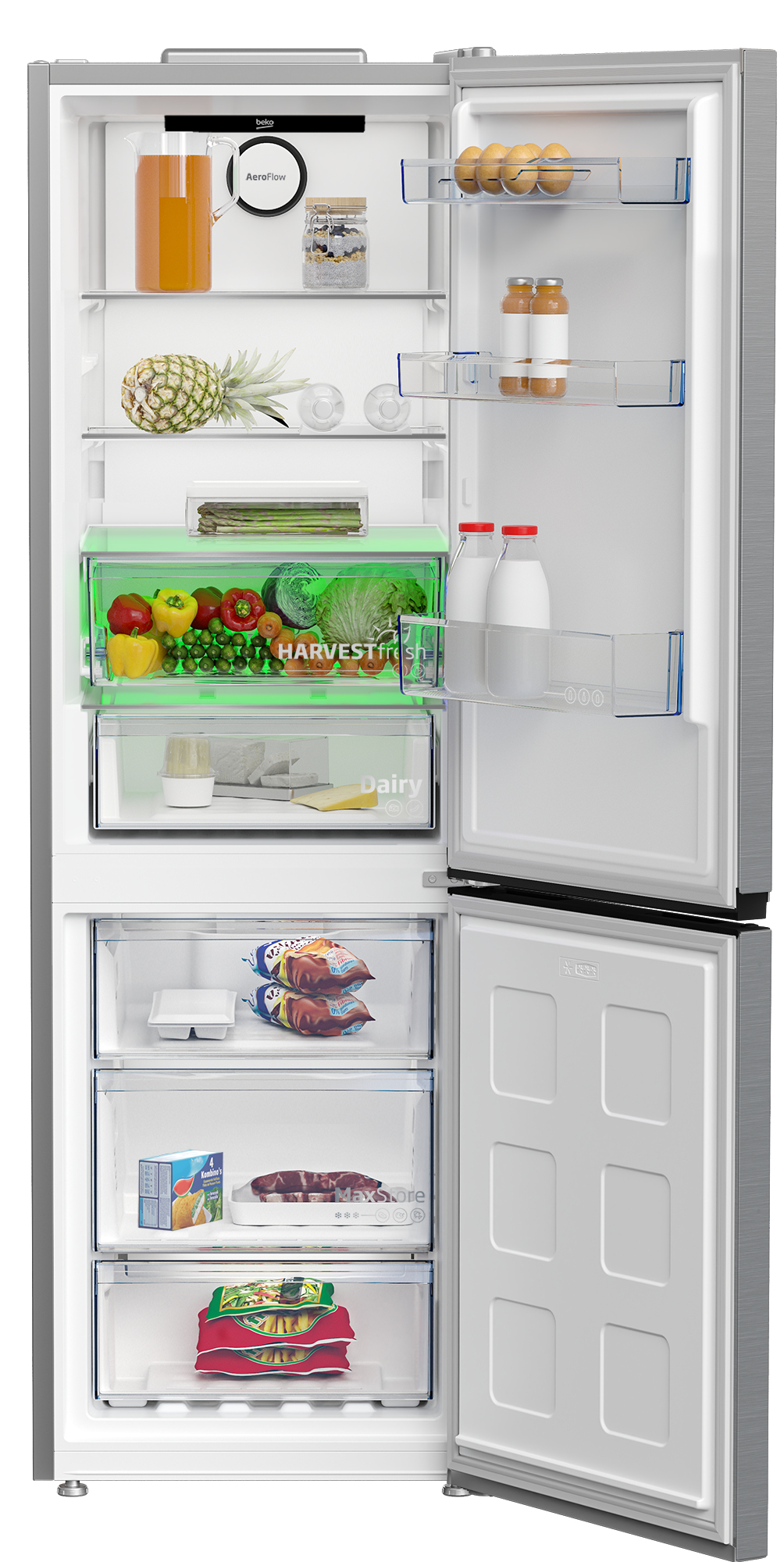 Un frigorifero aperto pieno di cibo: succo, uova, verdure, latte, carne e ghiaccio.