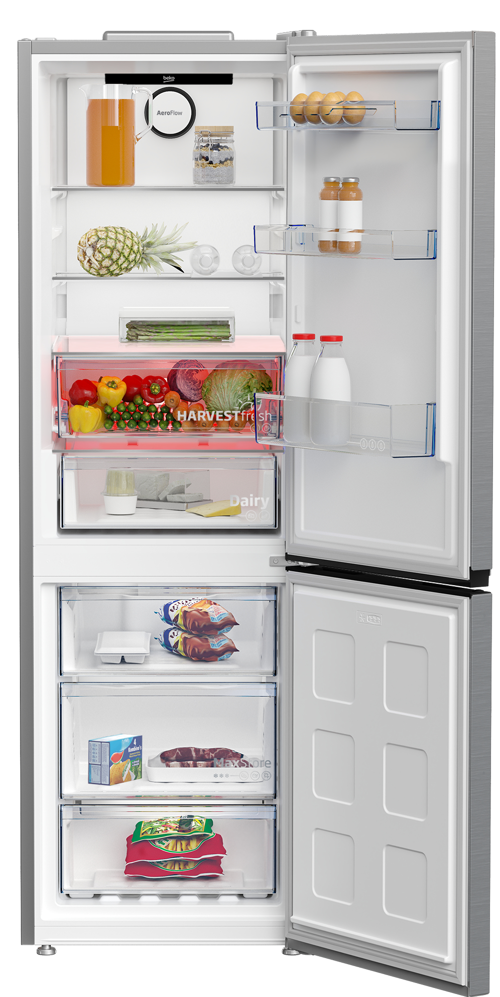Un frigorifero aperto con succo, uova, frutta, verdura, carne e gelato.