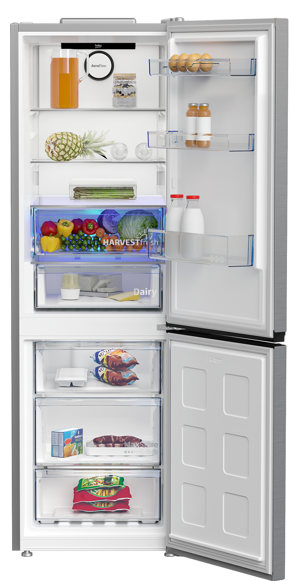 Frigorifero aperto con vari alimenti: succo, uova, frutta, verdura, latticini, surgelati.