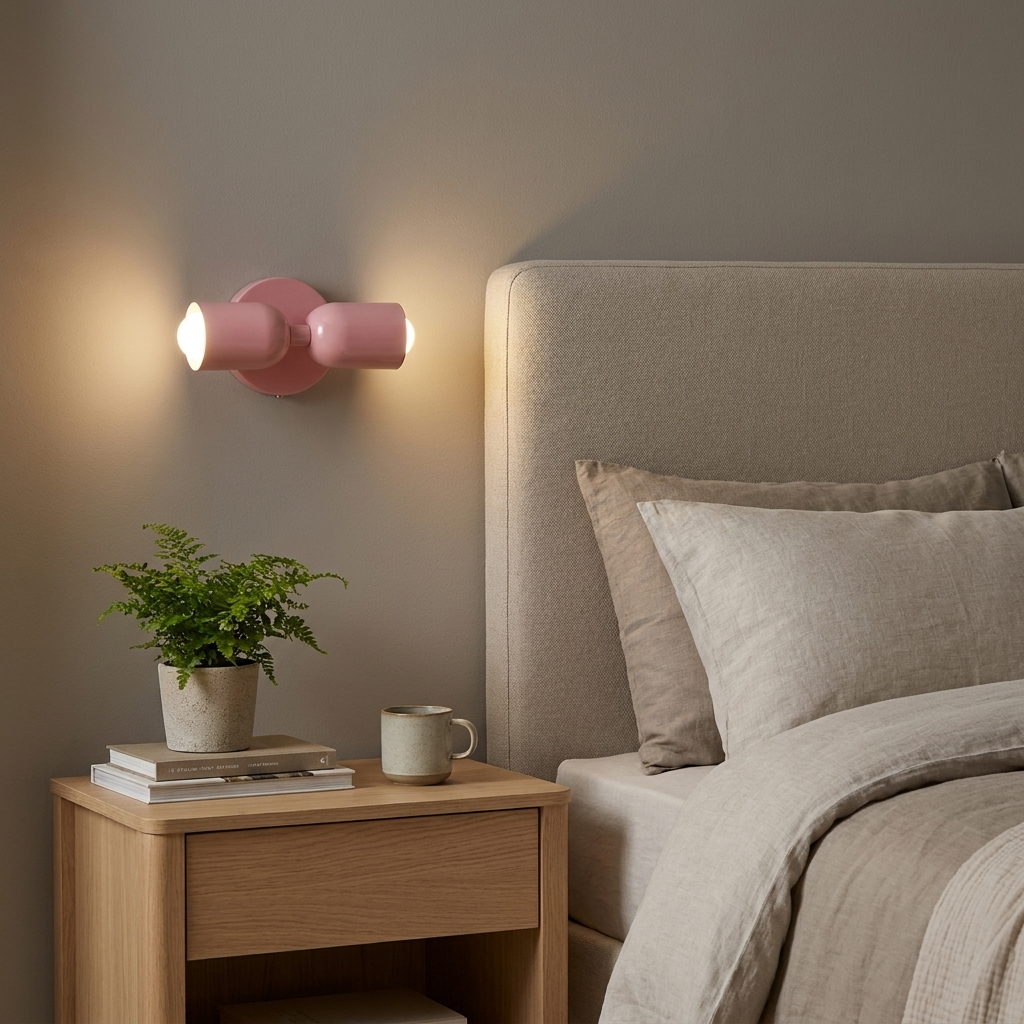 Un aplique de pared rosa sobre una mesita de noche con plantas y libros.