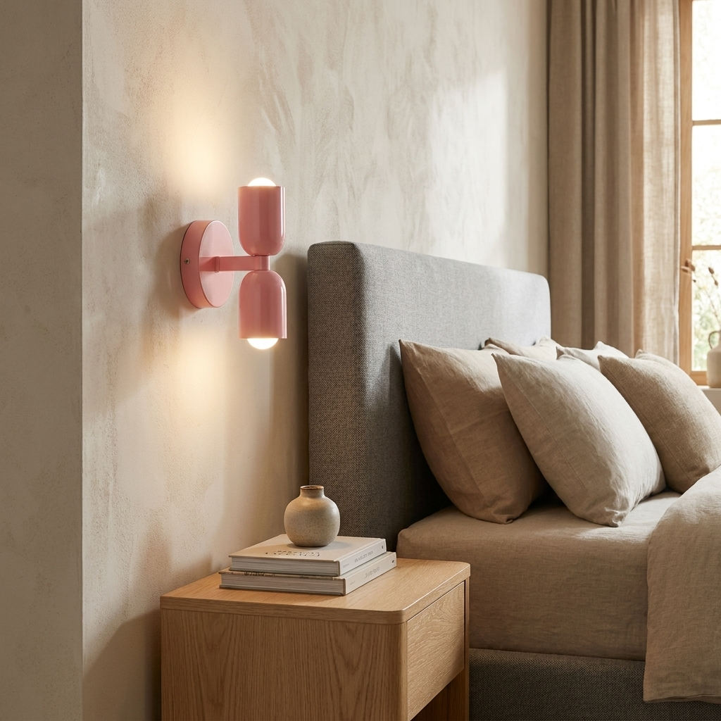 Una lámpara de pared rosa de doble cabezal ilumina una pared beige sobre una mesita de noche de madera con libros y un jarrón.