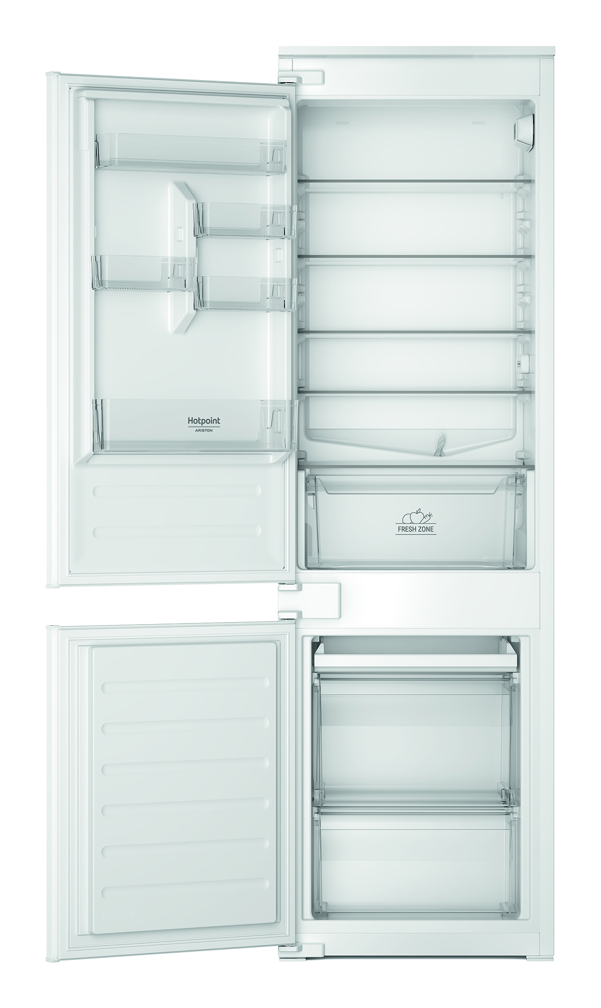 Un frigorifero bianco con porte aperte, vuoto e pulito.