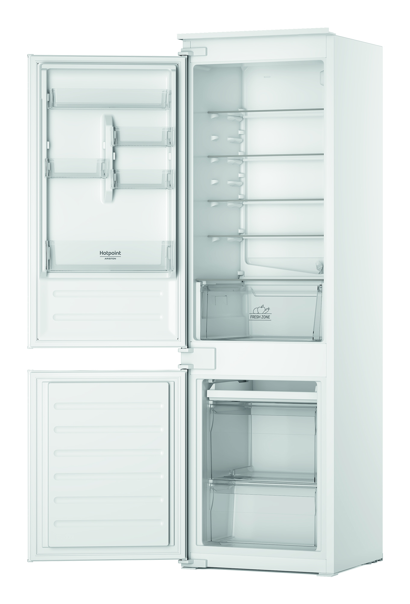 Frigorifero-congelatore bianco con porte aperte, mostrando ripiani e cassetti.