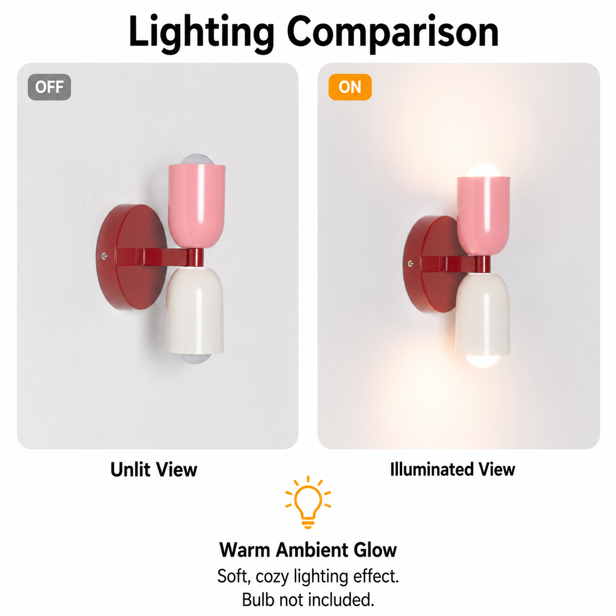 Se muestra una lámpara de pared con pantallas rosa y blanca apagada y encendida.