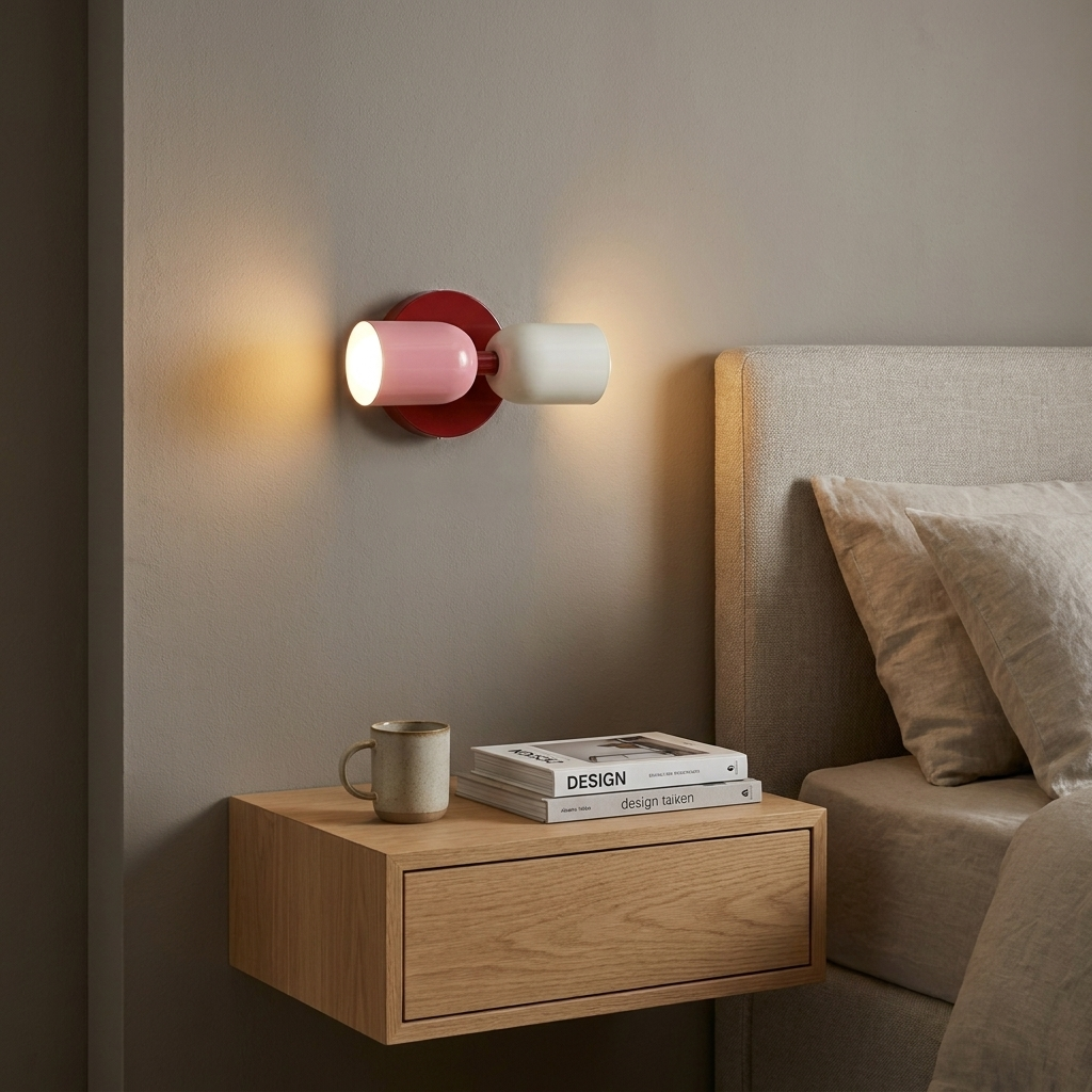 Una lámpara de pared rosa y blanca sobre una mesita de noche con libros y una taza.