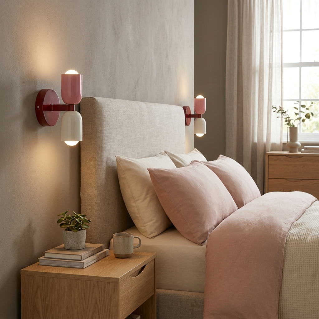 Un dormitorio con cama, dos mesitas de noche y lámparas de pared.