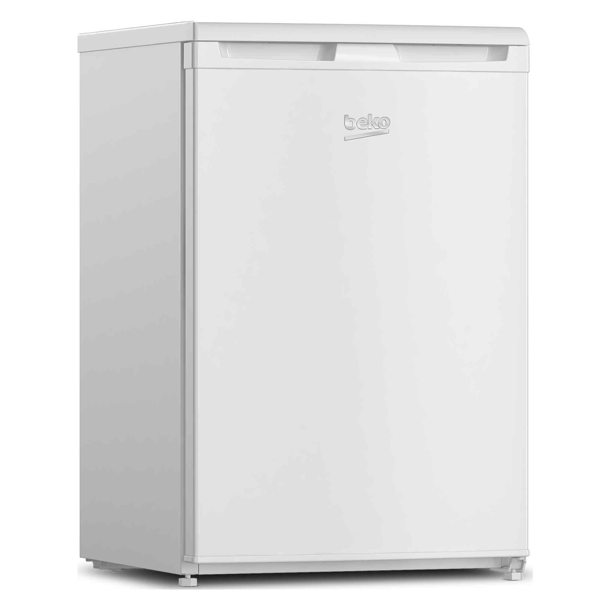 Ein weißer Beko-Kühlschrank steht vor einem weißen Hintergrund.