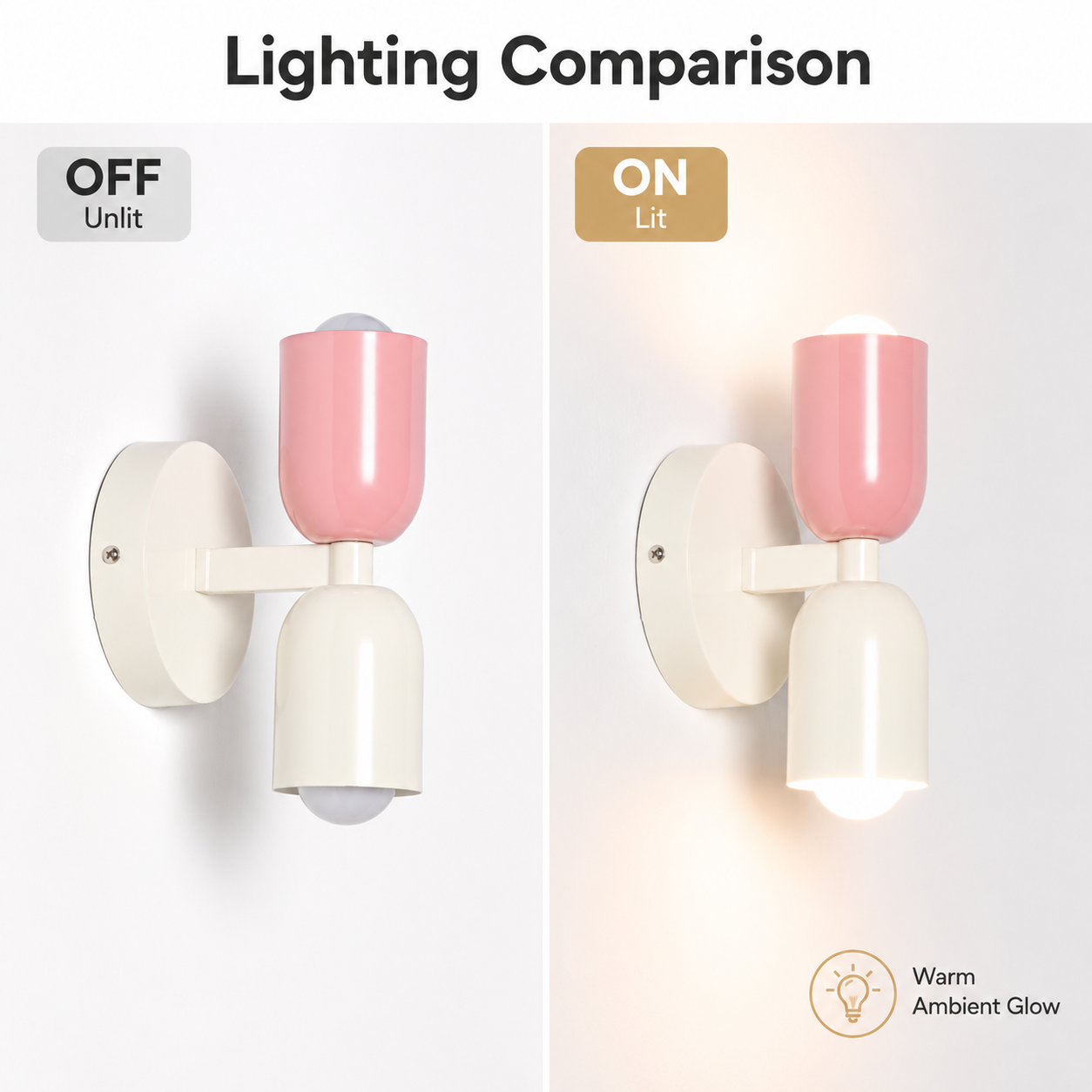 Comparación de una lámpara de pared rosa y crema, apagada (izquierda) y encendida (derecha).