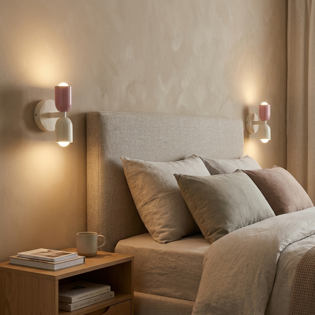 Una cama con almohadas y mantas, mesita de noche con libros y taza, lámparas de pared.
