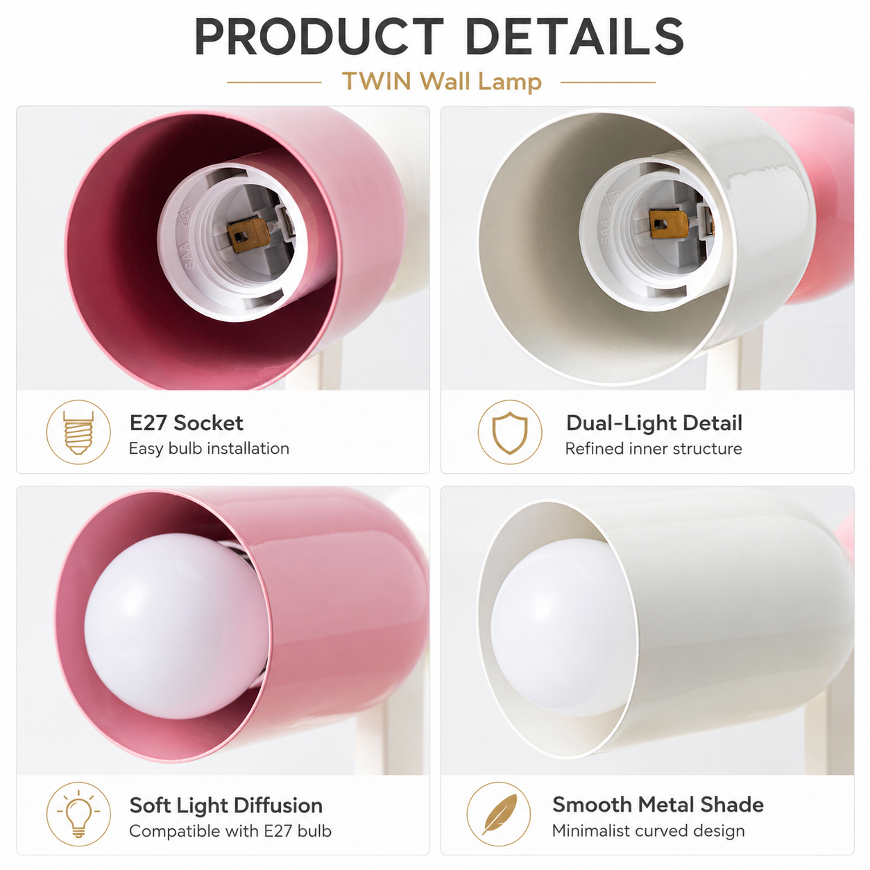 Cuatro detalles de una pantalla de lámpara de pared rosa y blanca con casquillo E27 y bombilla.