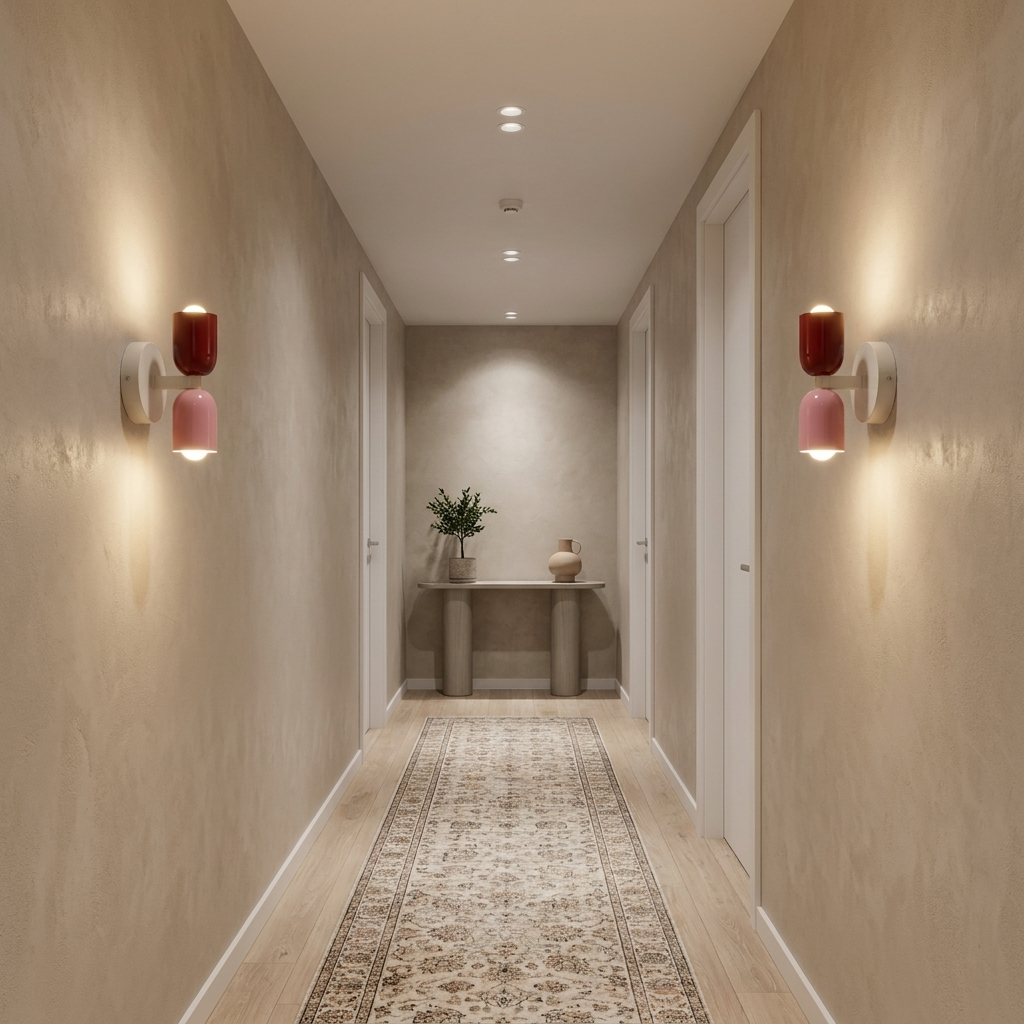 Un pasillo luminoso con alfombra, apliques de pared y mesa consola.