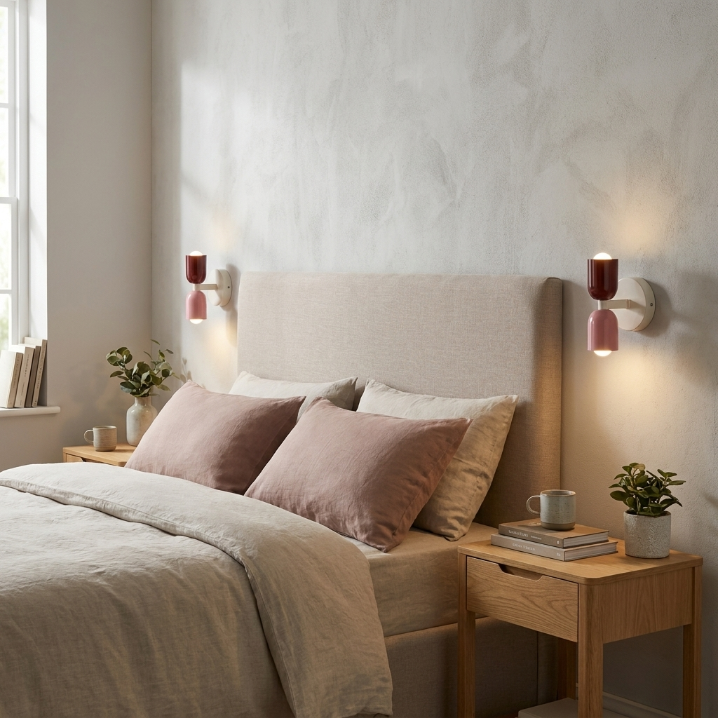 Un dormitorio con cama, dos mesitas de noche y lámparas de pared.