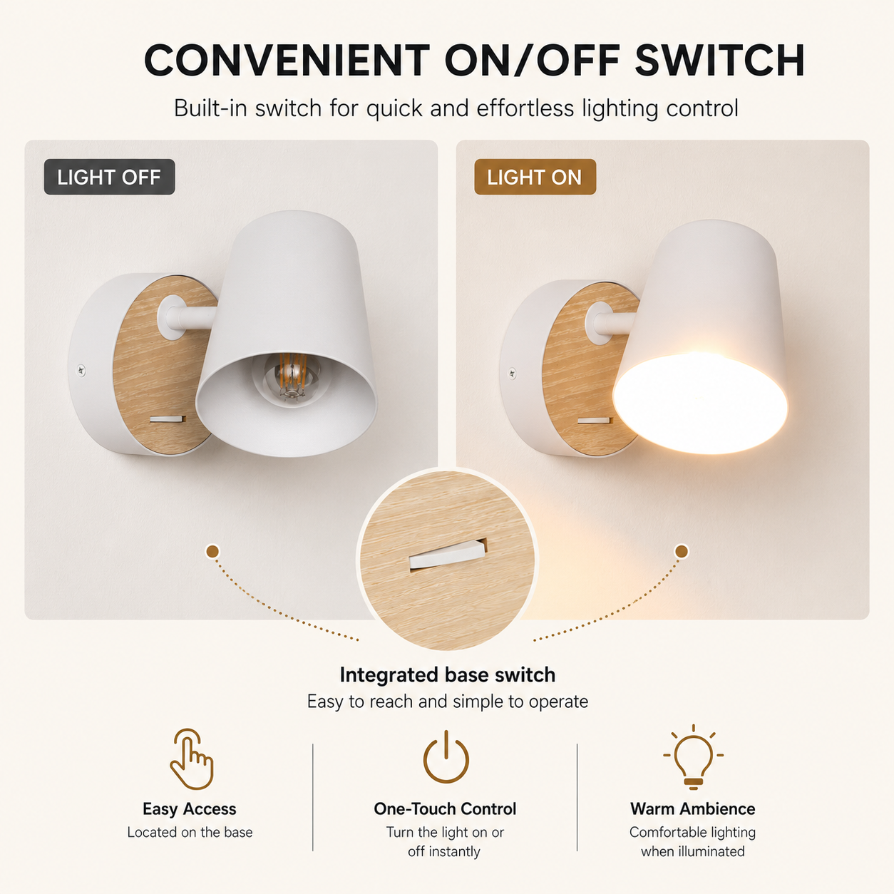 Lámpara de pared con interruptor integrado en base de madera, luz apagada y encendida.
