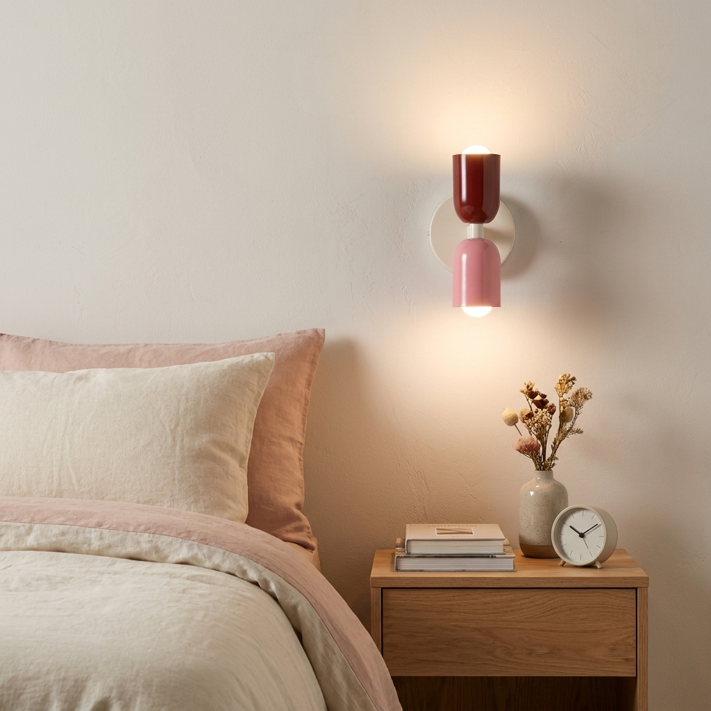 Una mesita de noche con libros, un jarrón de flores secas y un reloj junto a una cama.