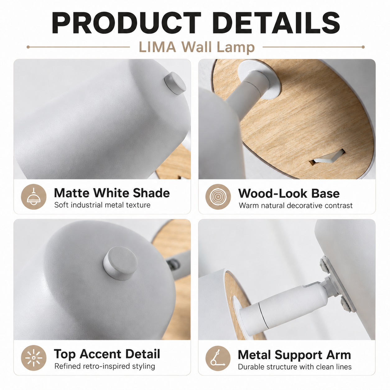 Detalles del producto LIMA Lámpara de pared: pantalla blanca mate, base madera, acento, brazo metal.