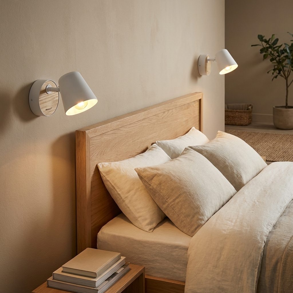 Un dormitorio acogedor con marco de cama de madera, ropa de cama blanca y dos apliques de pared modernos.