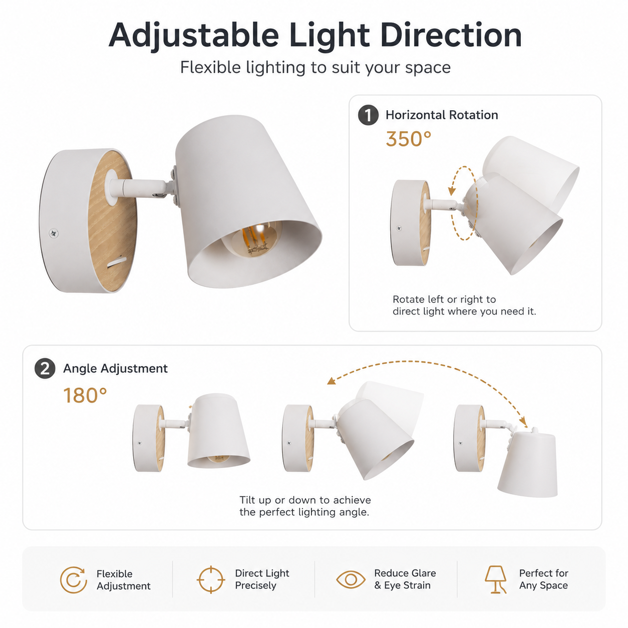 Lámpara de pared blanca ajustable con detalles en madera. Muestra movimiento horizontal y vertical.