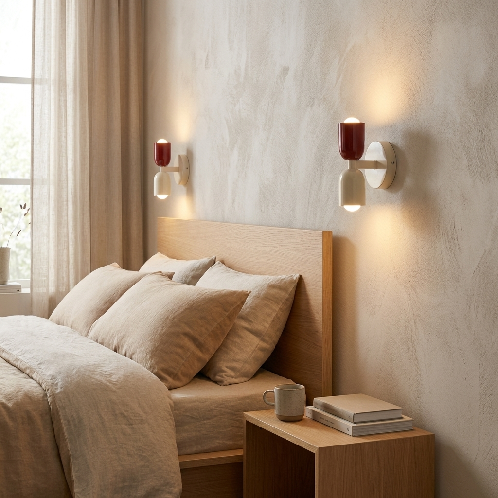 Una cama de madera con ropa de cama beige y dos apliques de pared con pantallas rojas y blancas.