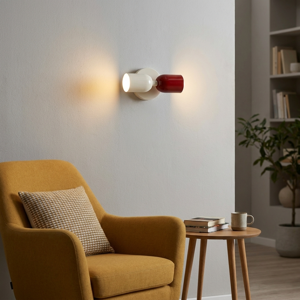 Una lámpara de pared moderna con bombillas rojas y blancas ilumina un sillón amarillo y mesa auxiliar.