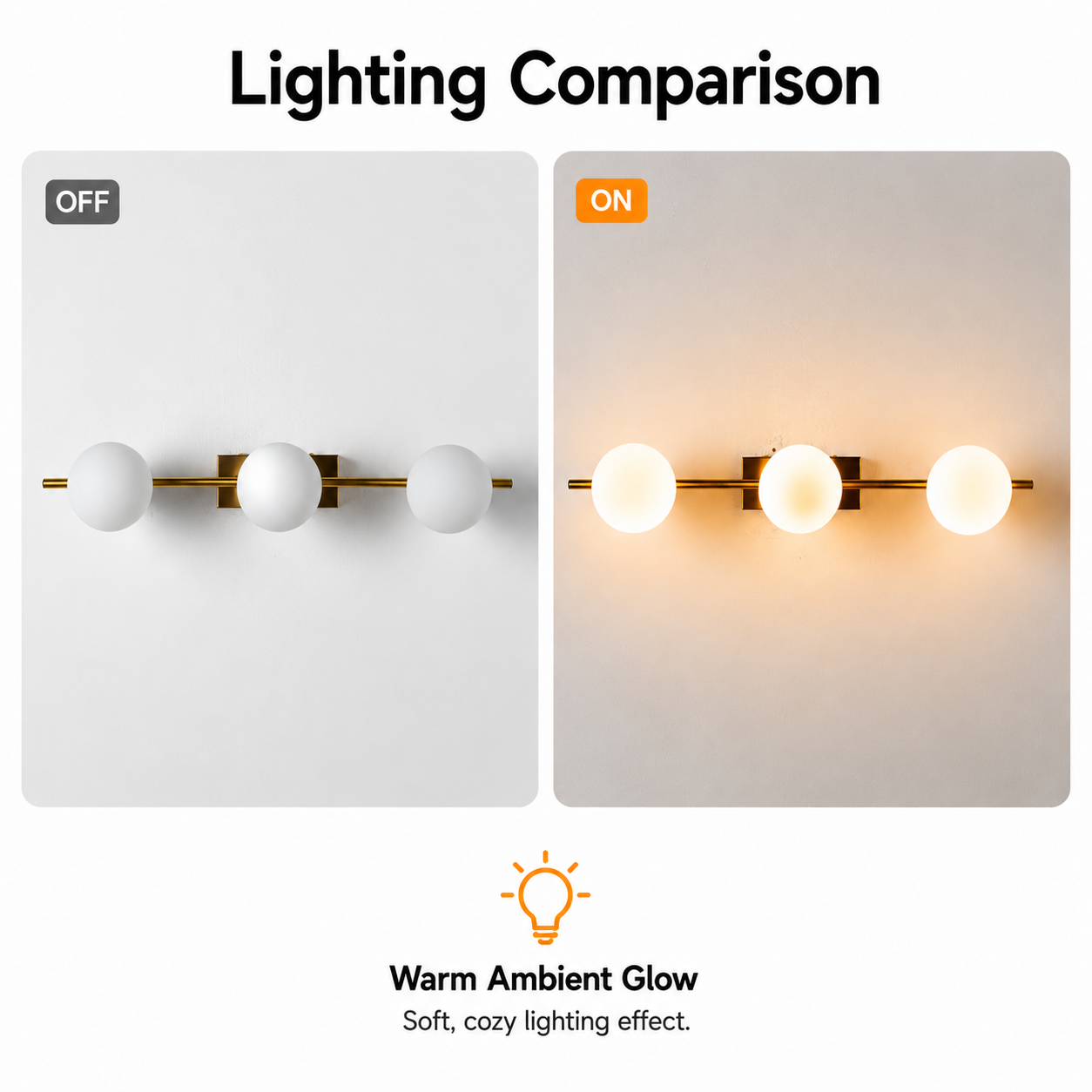 Comparación de una lámpara de pared en estado APAGADO y ENCENDIDO en pared blanca.