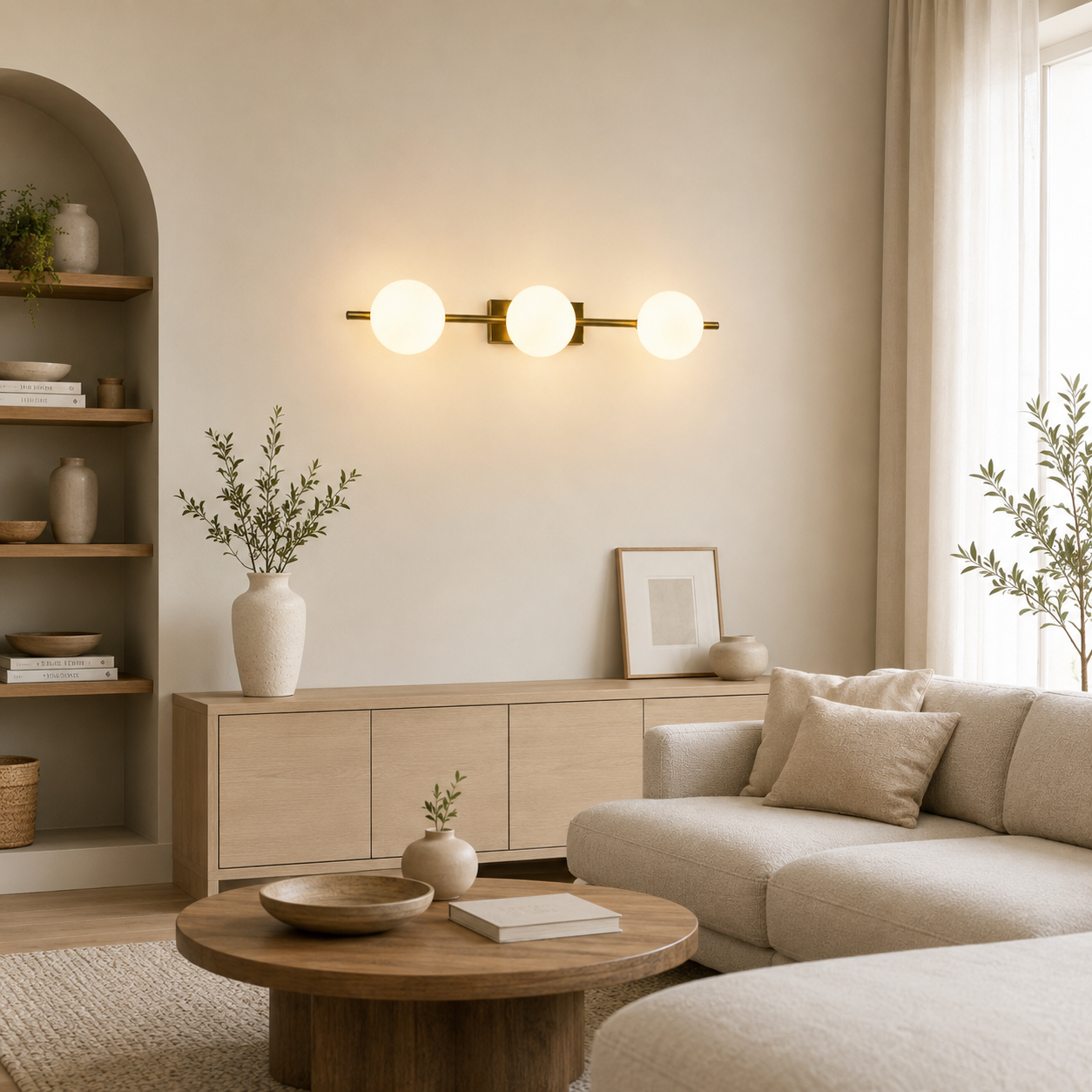 Sala de estar moderna con sofá seccional, mesa de centro de madera y lámpara de pared.