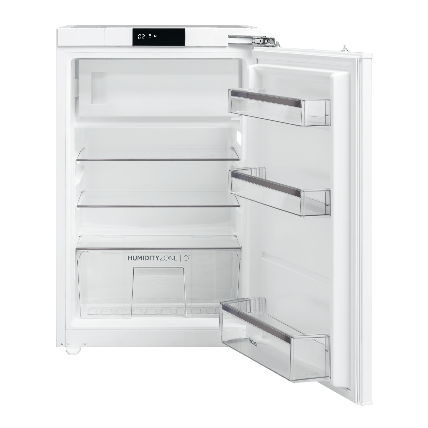 Un refrigerador blanco con puerta abierta, estantes y un cajón.