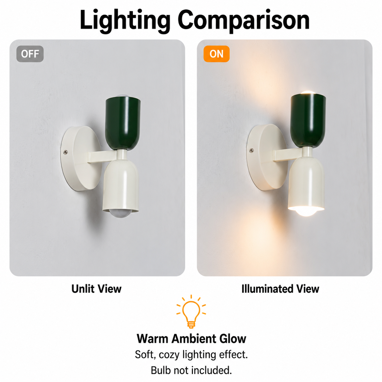 Comparación de iluminación: Lámpara apagada y encendida. Luz ambiental cálida.