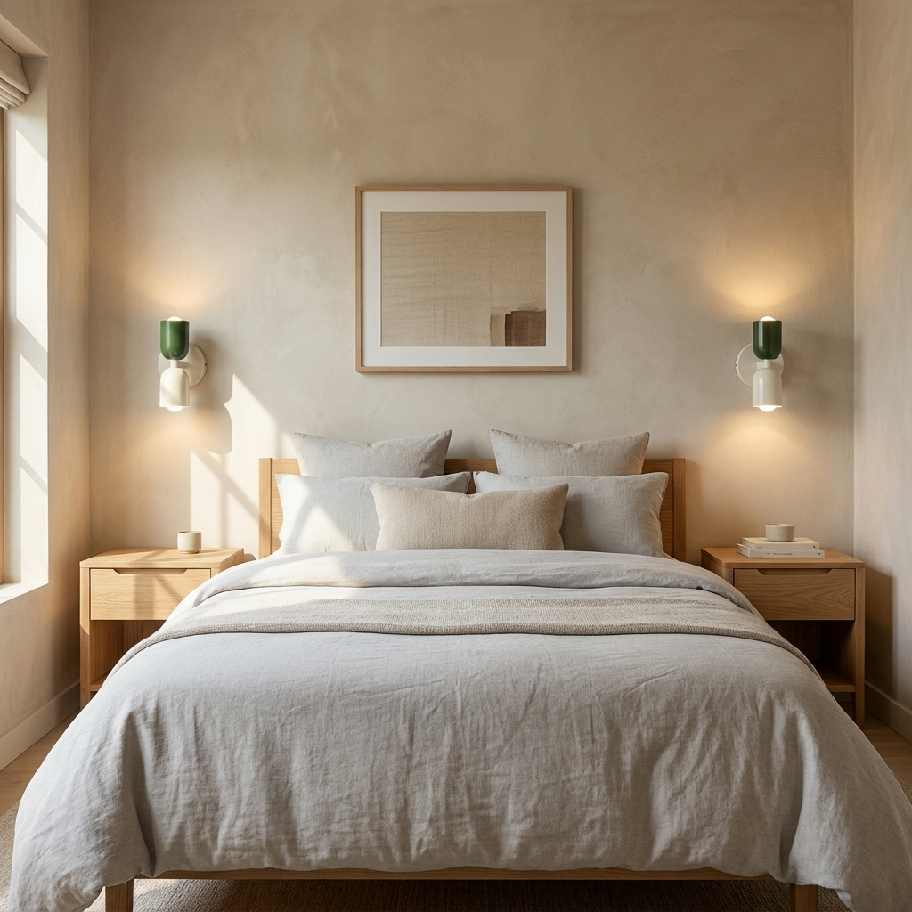 Una cama bien hecha con sábanas gris claro, cabecero de madera y dos mesitas de noche.