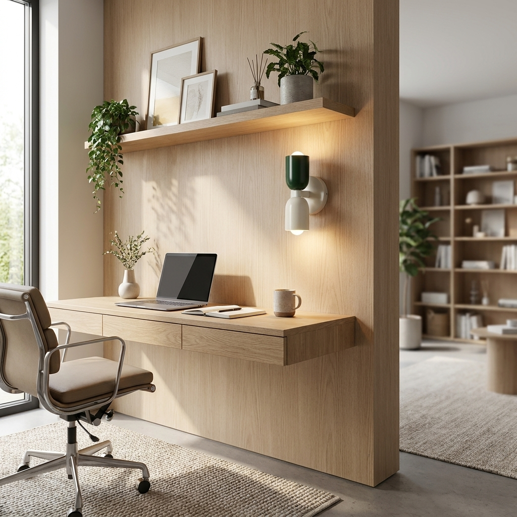 Un espacio de trabajo luminoso con un portátil sobre un escritorio de madera y una silla de oficina.