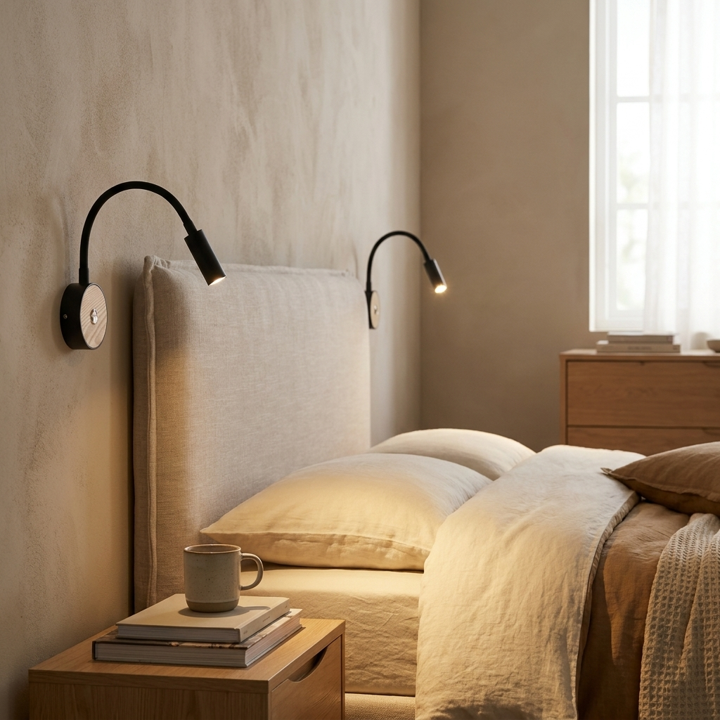 Dos luces de lectura de pared sobre una cama con ropa de cama de lino beige y mesita de noche.