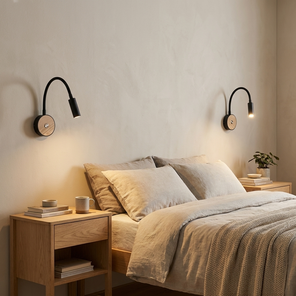 Un dormitorio con cama, mesitas de noche y luces de lectura.