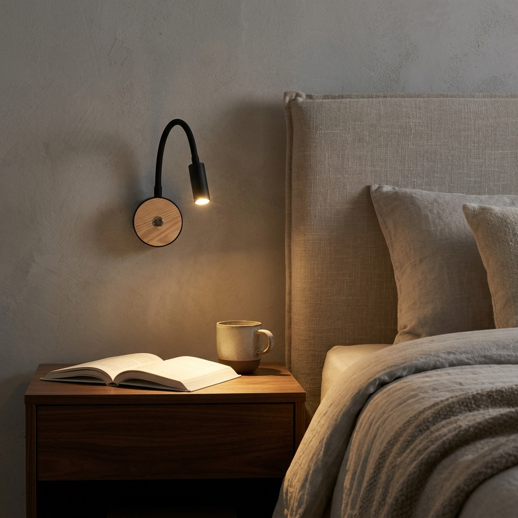 Una mesita de noche con un libro y una taza junto a una cama con cabecero.