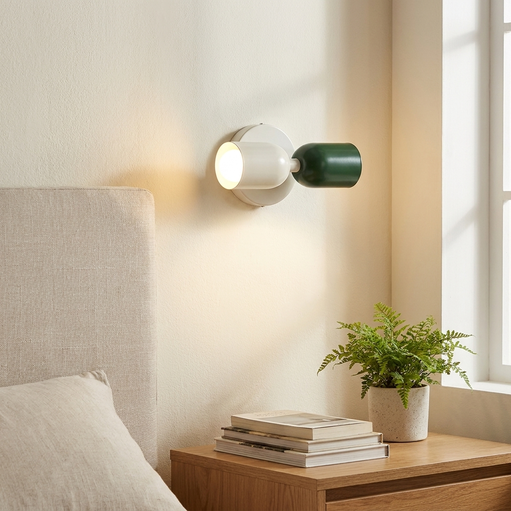 Un foco de pared moderno con carcasa blanca y verde sobre una mesita de noche.