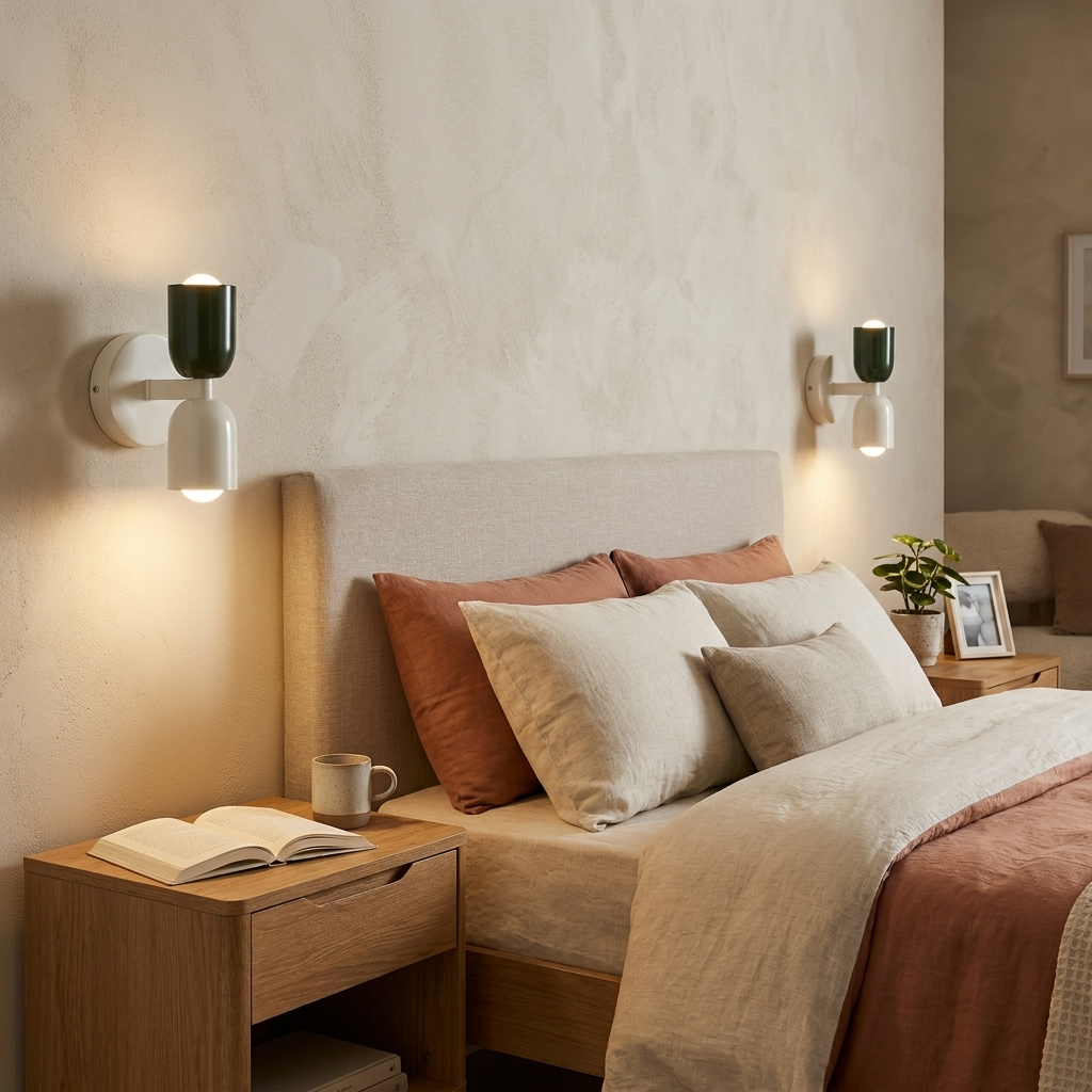 Un dormitorio acogedor con cama, mesitas de noche y apliques de pared.