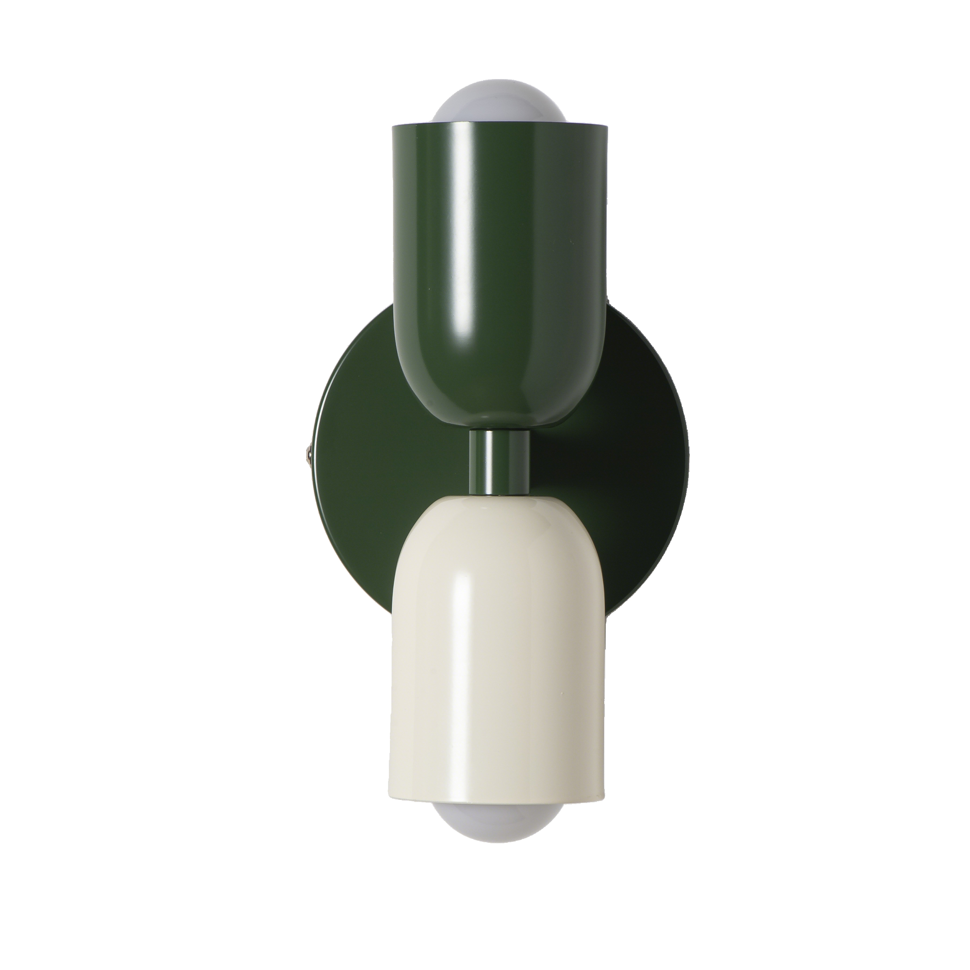 Una lámpara de pared verde y crema con dos pantallas y bombillas.