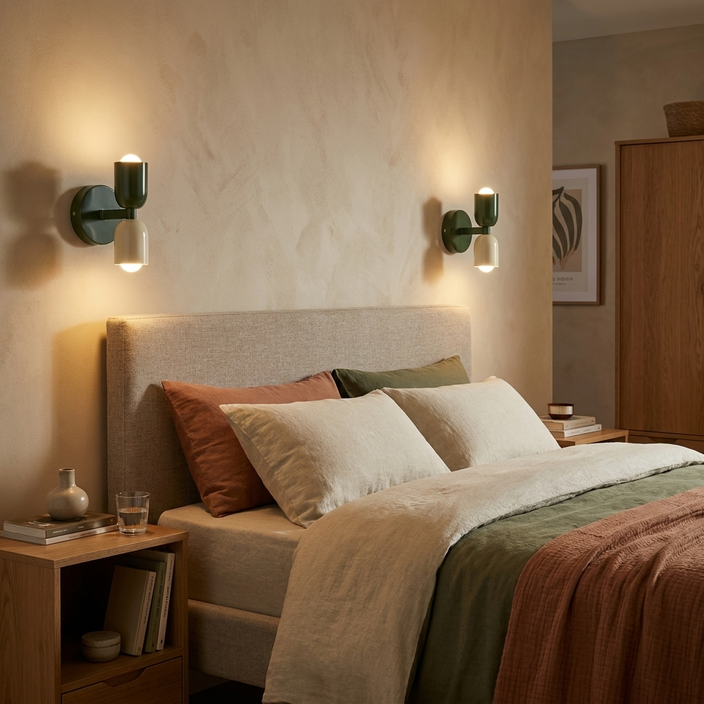 Un dormitorio con una cama vestida con ropa de cama verde, beige y naranja con una manta.