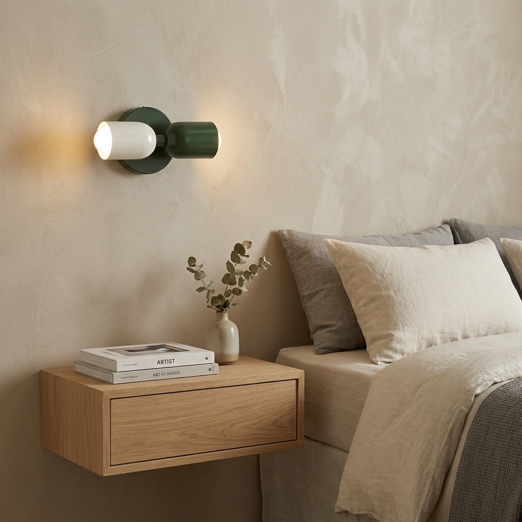 Una mesita de noche de madera junto a una cama con almohadas y lámpara.
