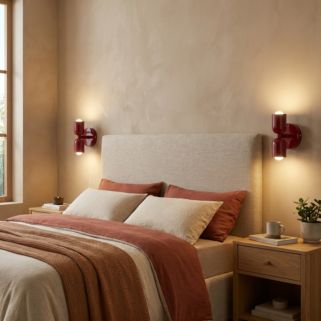 Una cama con ropa de cama beige, cojines rojos de acento y
manta marrón.