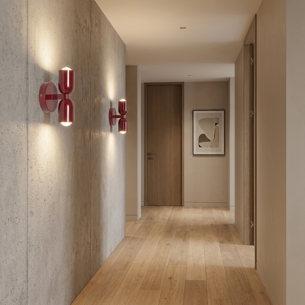 Un pasillo con suelo de madera, pared de hormigón y dos apliques rojos.
