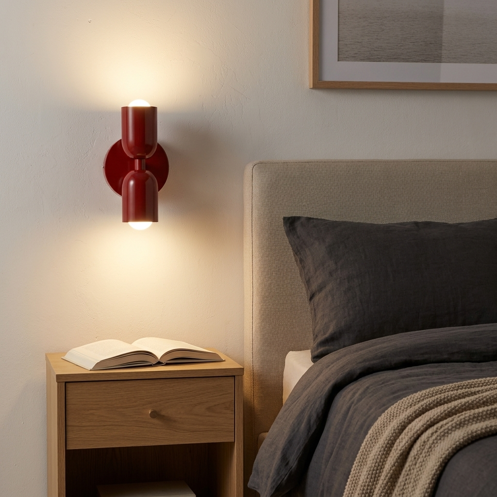 Una lámpara de pared roja ilumina un libro abierto en una mesita de noche junto a una cama.