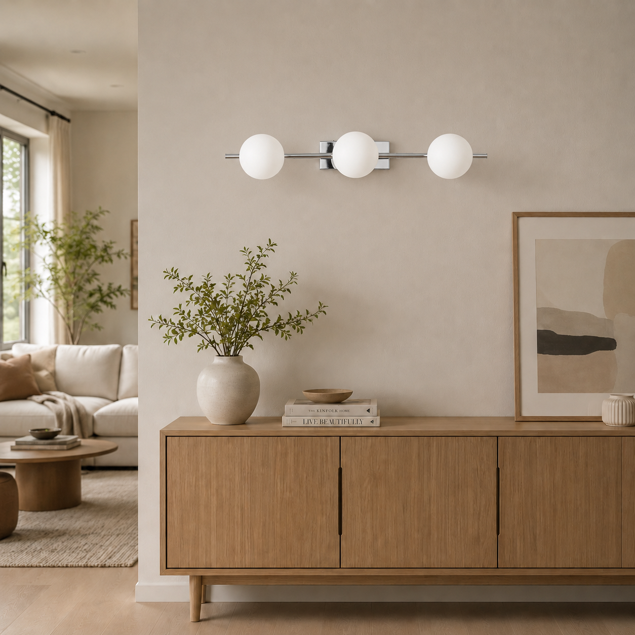 Aplique de pared moderno con tres globos sobre un mueble de madera. Un jarrón con ramas está encima.